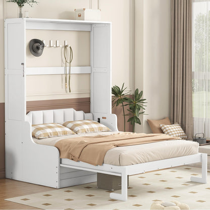 Merax Queen Size Murphy Bed Frame, Modern Wall Bed Can Be Folded into Cabinet, Chair with Cushion, White