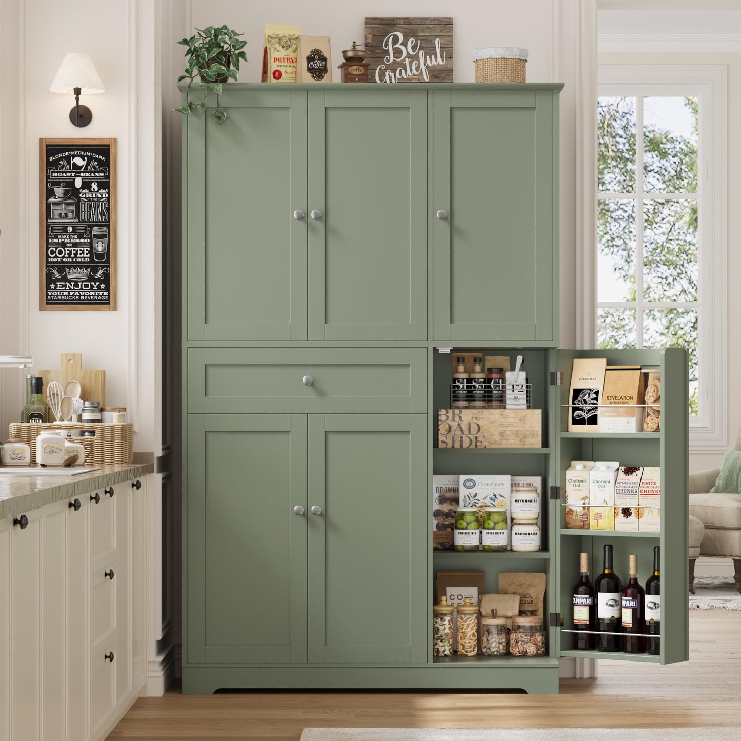 HOSTACK 68" Tall Kitchen Pantry Storage Cabinet, Modern Kitchen Hutch Cabinet with Doors and Shelves, Freestanding Food Pantry with Large Storage Drawer for Dining Room, Living Room, Green