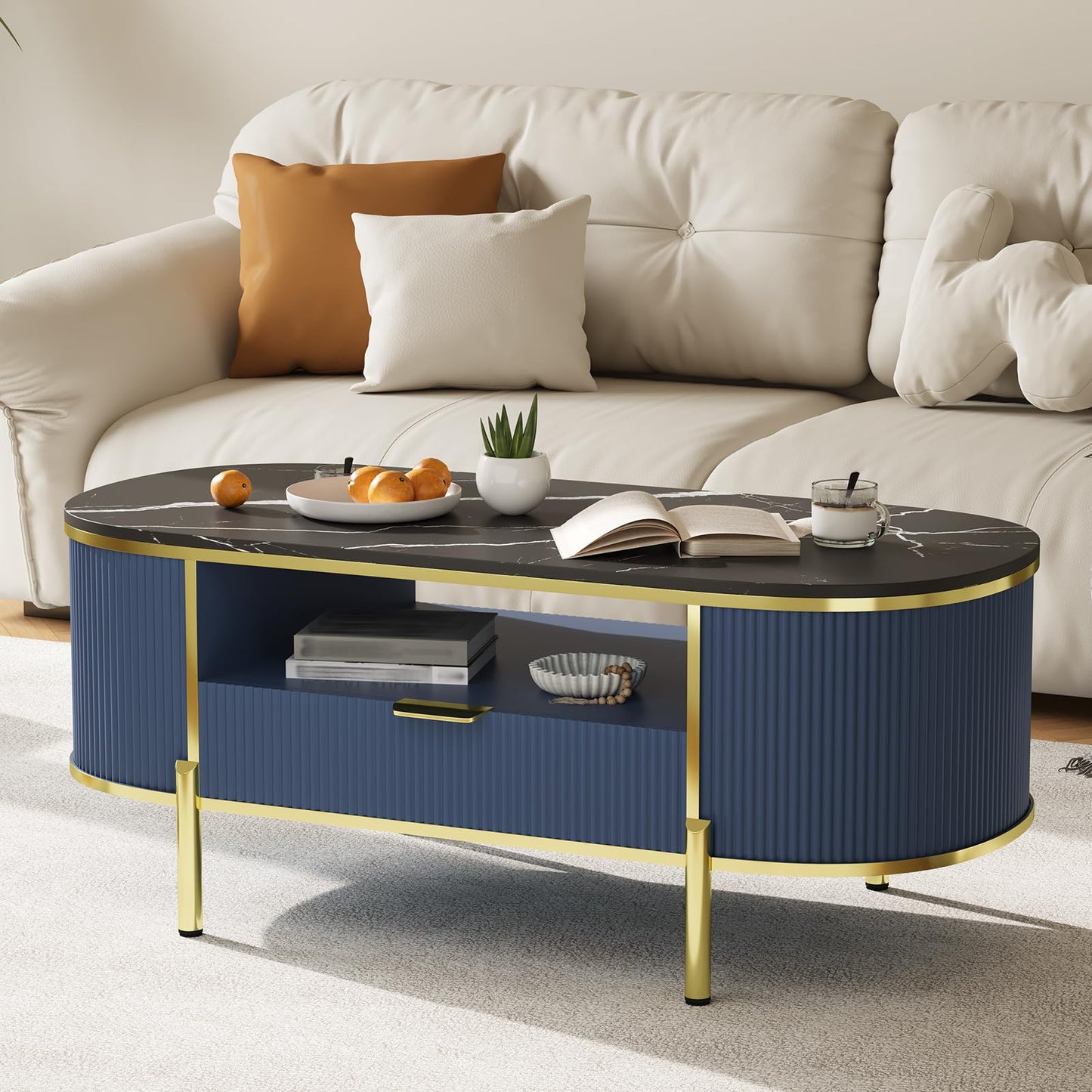 Takywep 48 inch Oval Coffee Table with Drawer, Fluted Modern Faux Marble Top Coffee Table for Living Room, Gold Metal Legs, Center Table for Lounge, Navy Blue
