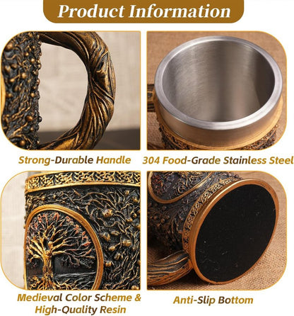 Original Handmade Viking Mug - 20oz Yggdrasil Tree of Life Beer Tankard - Stainless Steel Medieval Celtic Pirate Heavy Cup - Norse Mythology Decor Gifts for Men Women