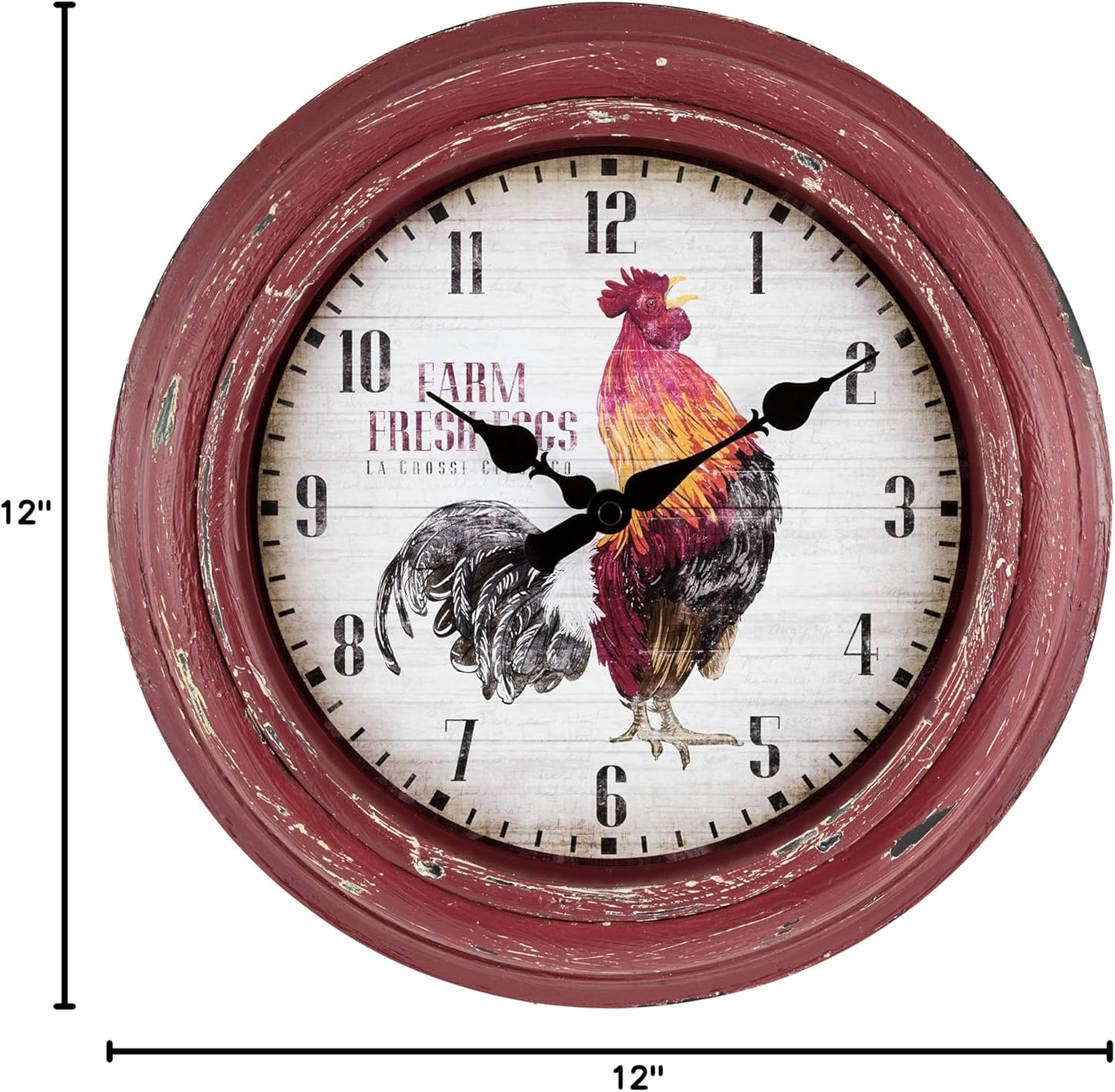 La Crosse Technology 12 Inch Distressed Red Rooster Quartz Wall Clock - Model 404-3630