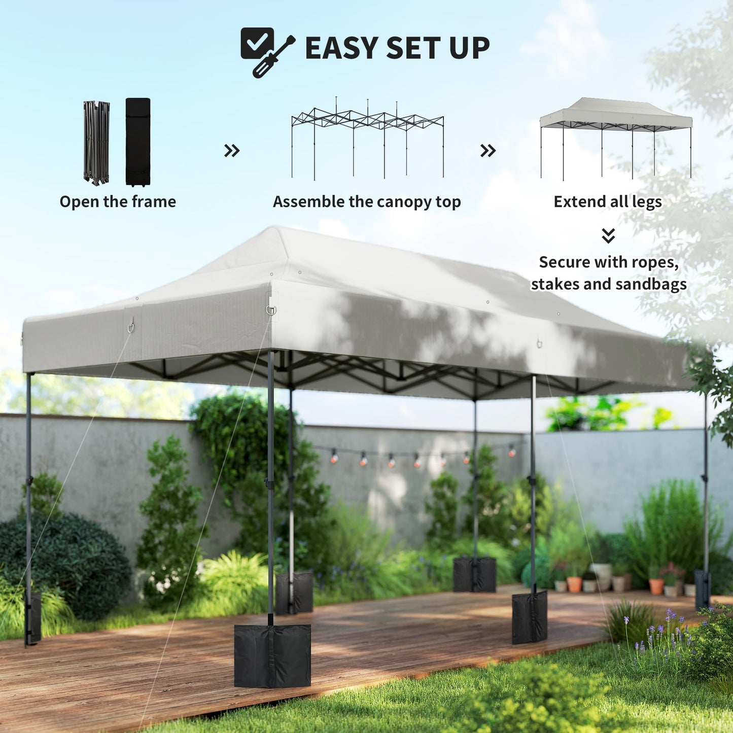 Outsunny 10 x 20 ft Pop Up Canopy Tent, Heavy Duty UPF50+ Outdoor Portable Instant Canopy Shelter with Wheeled Carry Bag, Sandbags, Adjustable Height for Parties, Events, Camping, White