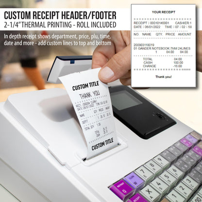 Electronic Cash Register with Cash and Coin Drawer, Quick Load Thermal Printer, 50 Dept 50 Clerks, 4700 Lookups, White