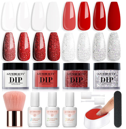 AZUREBEAUTY Dip Powder Nail Kit Starter, All Season Skin Tone Nude Brown 4 Colors Acrylic Dip Powder Liquid Set with Base/Top Coat Activator for French Nail Art Manicure DIY Salon Gifts