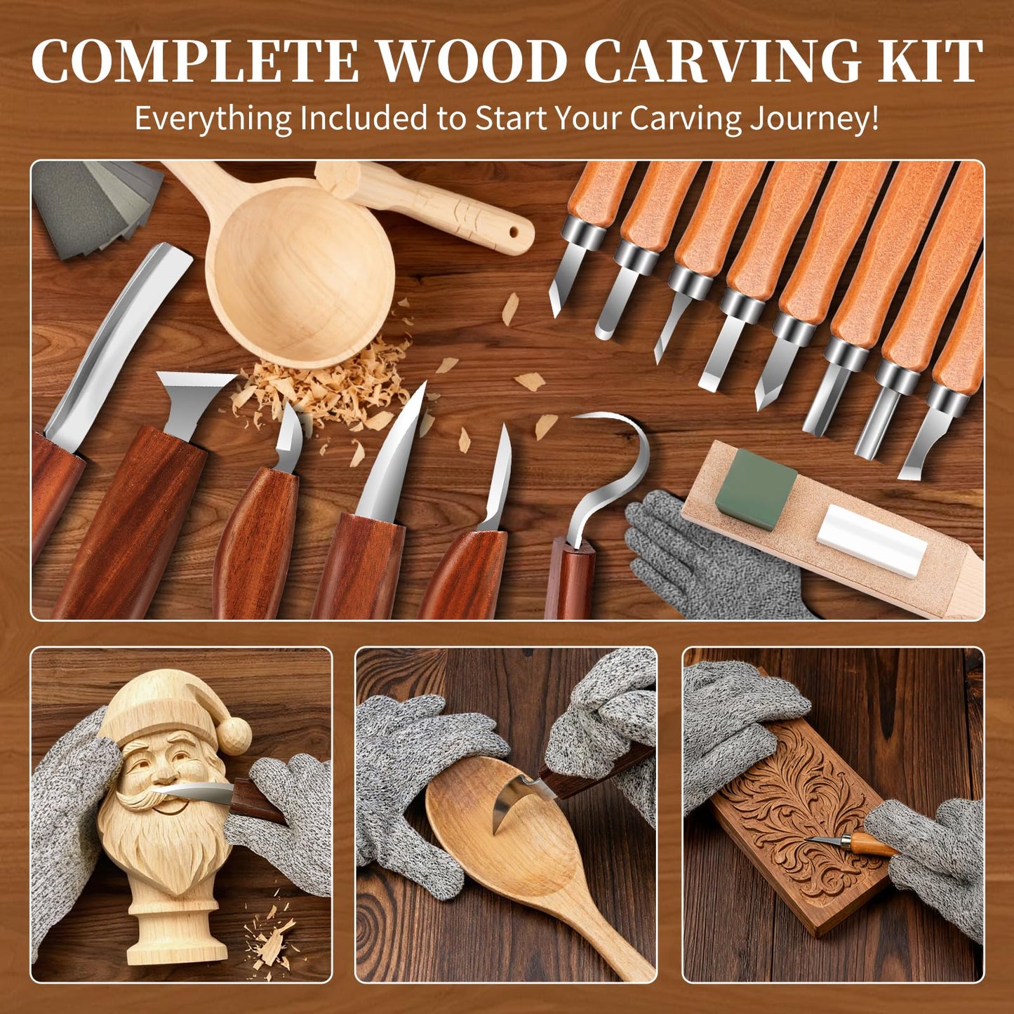 YOYUPETA Wood Carving Tools, 34-Piece Professional Whittling & Carving Kit Set with Walnut Handle Knives, Detail Gouges, Sharpening Stone, Acrylic Paints, Brushes, Palette & Gloves for Adult Hobbyists