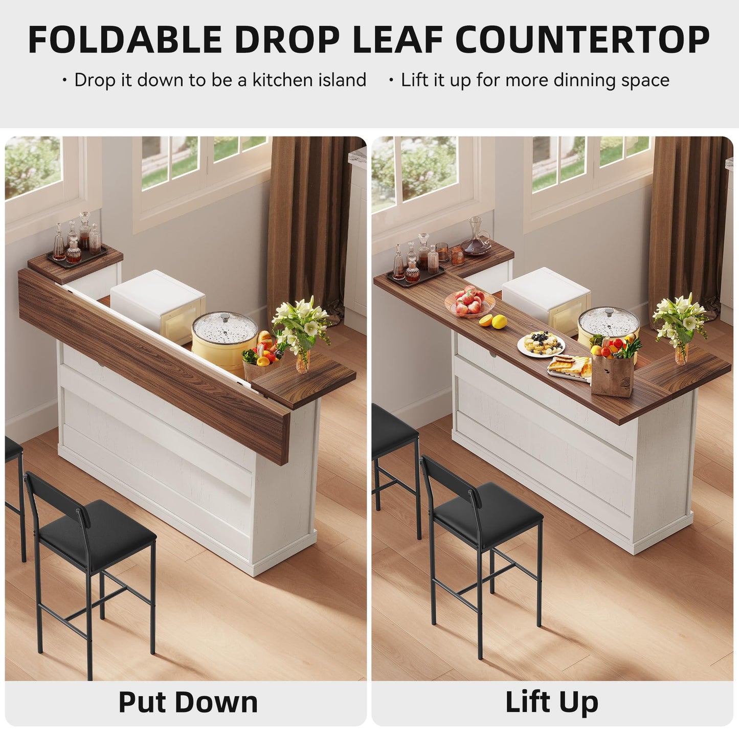 Homiflex Kitchen Island with Seating, Rolling Kitchen Islands with Storage, 55" W Large Island Table, Breakfast Bar Counter with Drop Leaf, Trash Can Cabinet, Power Outlet for Dining Room, Walnut
