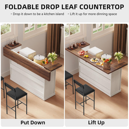 Homiflex Kitchen Island with Seating, Rolling Kitchen Islands with Storage, 55" W Large Island Table, Breakfast Bar Counter with Drop Leaf, Trash Can Cabinet, Power Outlet for Dining Room, Walnut