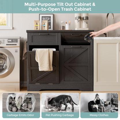 Jocoevol Double Trash Can Cabinet, 10 Gallon Hidden Tilt Out Trash Laundry Hamper Cabinet with Storage Drawers, Pet Proof Wood Garbage Can Cabinet for Kitchen, Home, Laundry, Black