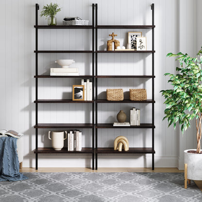Nathan James Theo 6-Shelf Tall Bookcase, Wall Mount Bookshelf with Natural Wood Finish and Industrial Metal Frame, Nutmeg/Matte Black, Set of 2