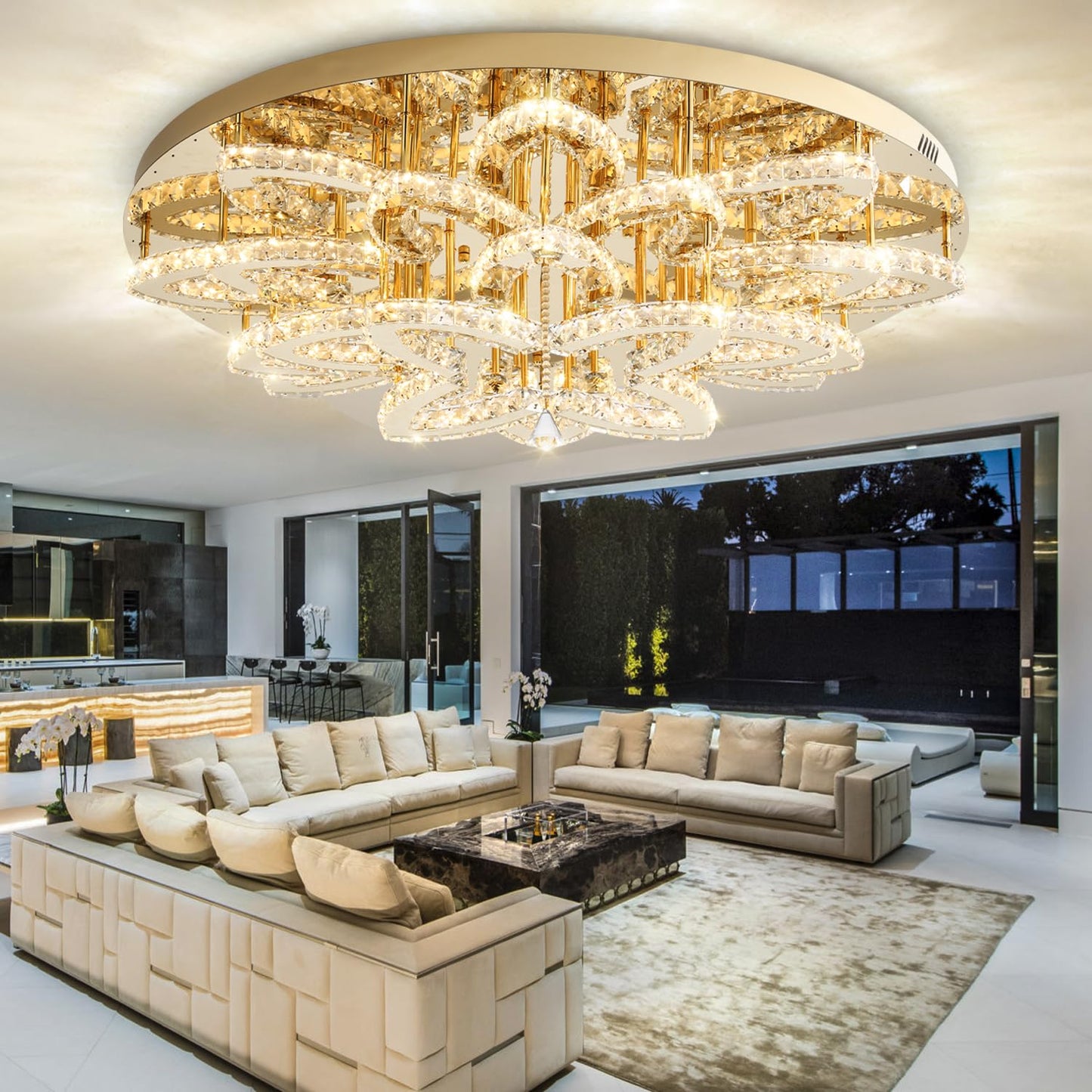 Shial Lighting 40" Modern Crystal Chandelier for Dining Room LED Dimmable Flush Mount Chandeliers Gold Ceiling Chandelier for Living Room Bedrooms