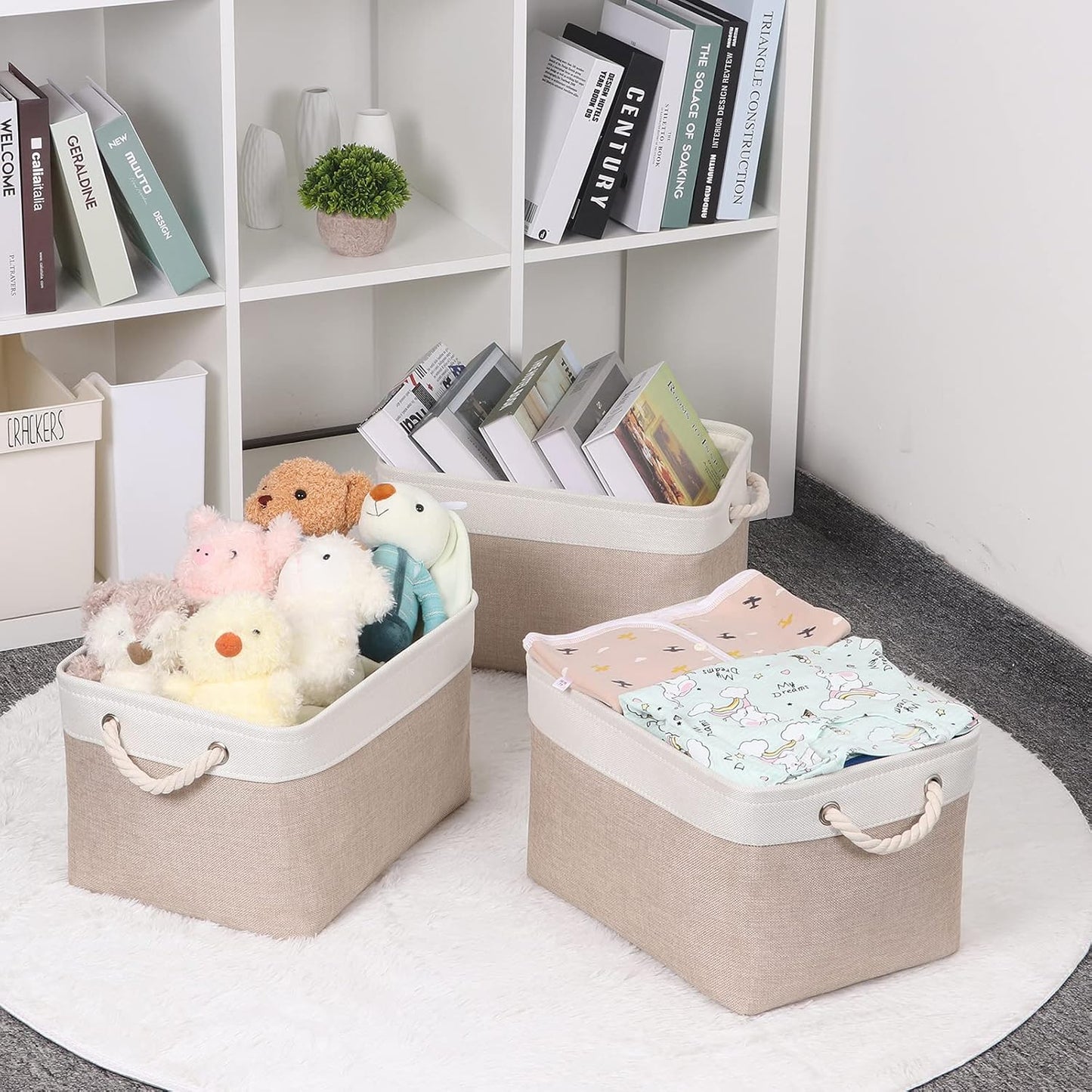 Bidtakay Large Fabric Baskets with Handles [3-Pack], Collapsible Storage Basket for Shelves, 15 x 11 x 9.5 inches,