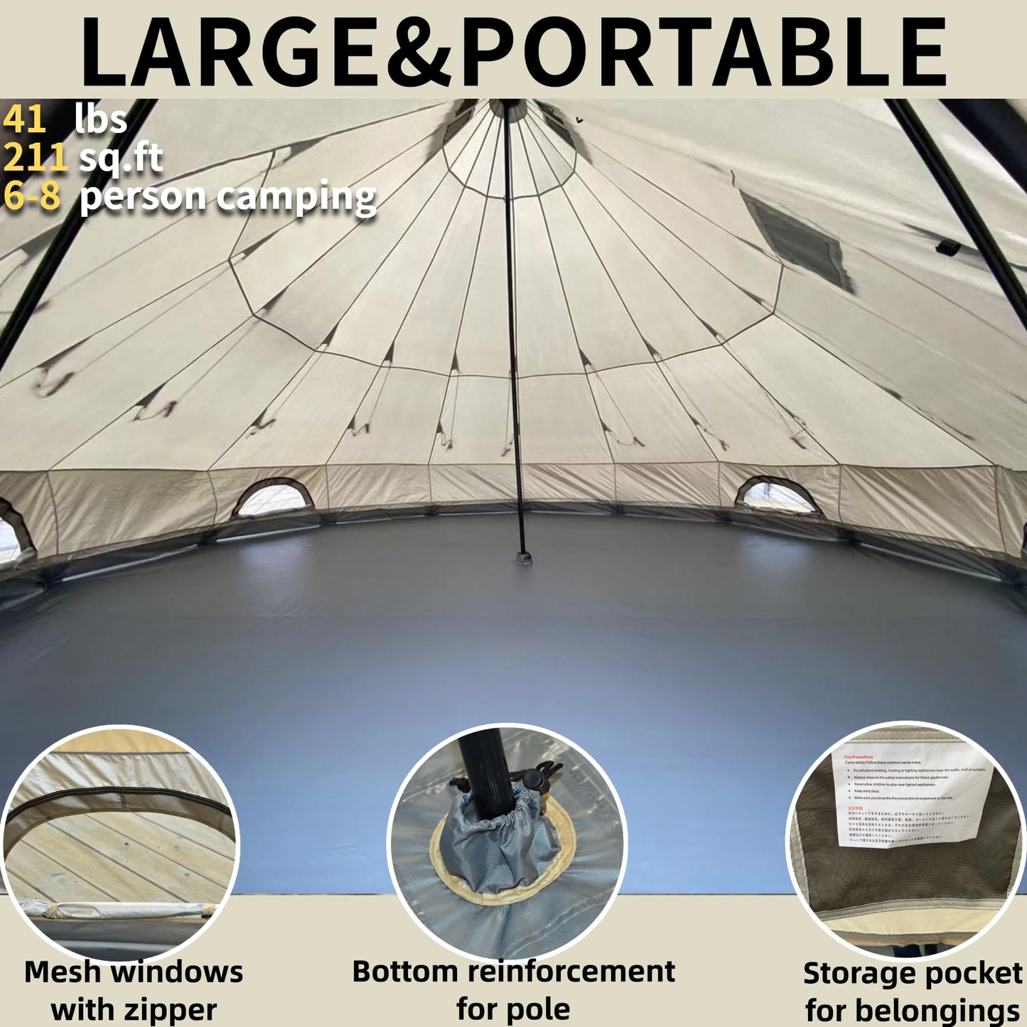 DANCHEL OUTDOOR B2 Portable Yurt with Stove Jack for All Year Living, 4 Season Bell Tent 6 Person Family Camping Glamping Party 300D Oxford Khaki,5m/16.4ft