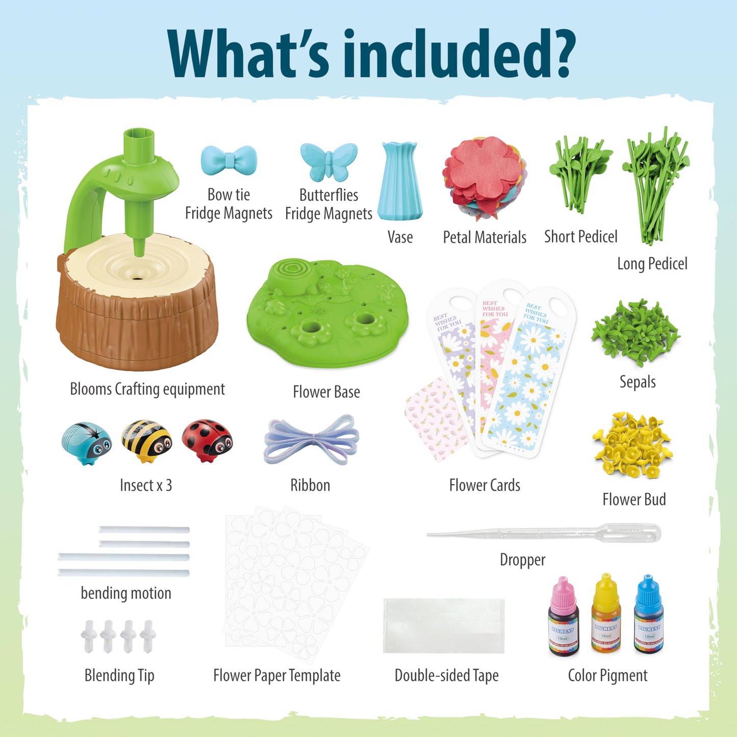 Wiyeang DIY Flower Bouquet Craft Kit for Kids, Water Absorbing Dyeing & Fabric Flowers, Light-Up Music Base, Bug Garden Theme, Creative Art Toy Gift for Girls Ages 3–6