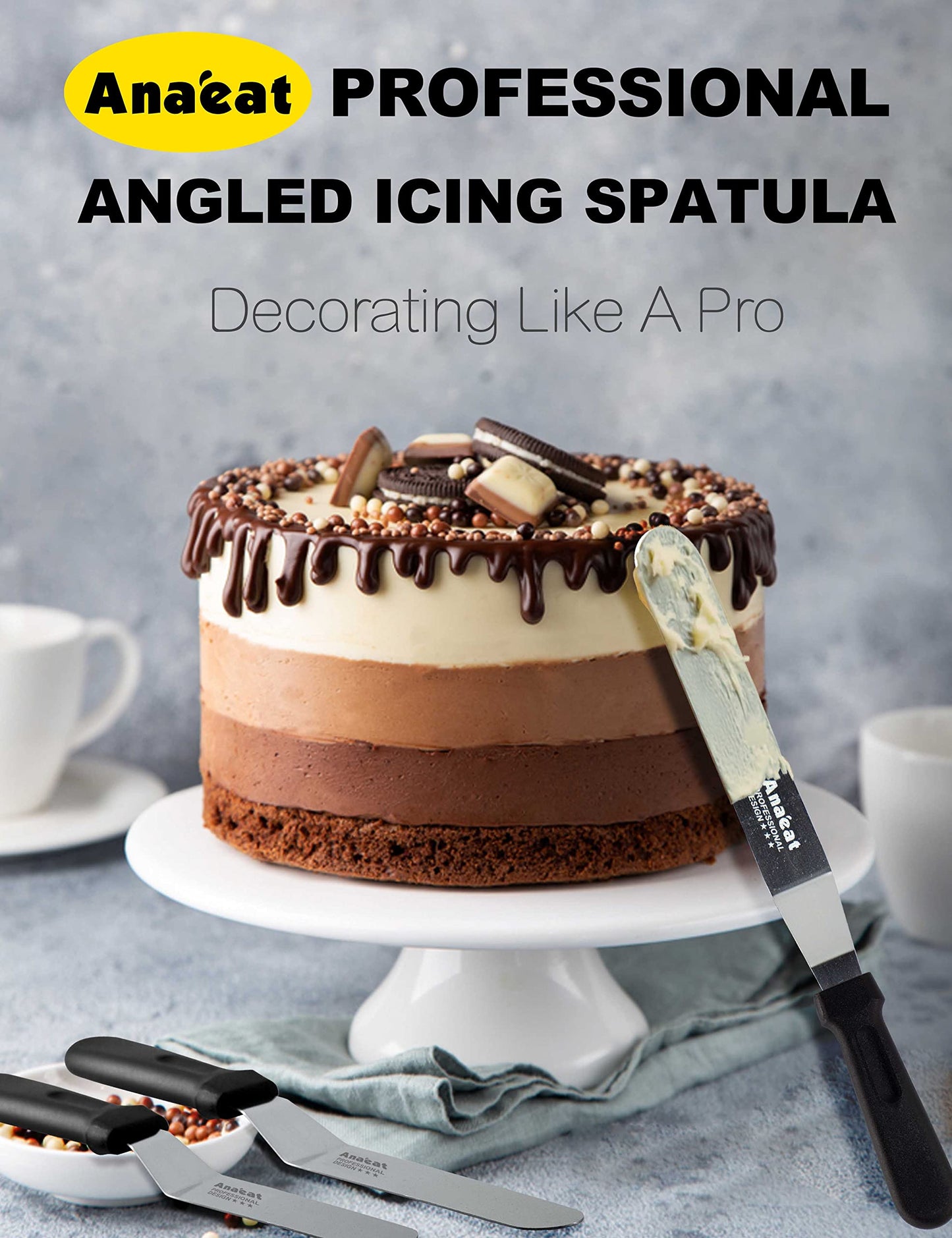 Anaeat Icing Spatulas, Set of 3 Professional Cake Angled Offset Spatula with 4", 6", 8" Stainless Steel Blades - Thickened Frosting Knife with Plastic Handle for Cake Decorating, Pastry & Baking