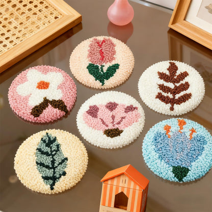 6 Pcs Punch Needle Coaster Kit for Adults Beginner, Plant Floral Punch Needle Embroidery Kit with Yarns, Hoop, Threader, Felt Cloths, Instruction, Coaster Making Supplies for Home Decor, Gift Making
