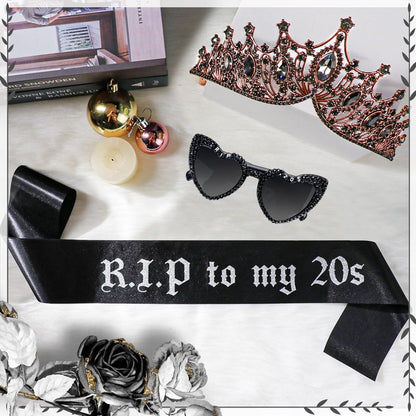 Rip To My 20s Sash And Crown with Sunglasses Set Black Birthday Sash Bronze Gold Crown Birthday Party Accessories for Women 30th Birthdays Glitter Party Favors (Sash&Crown&Sunglasses)