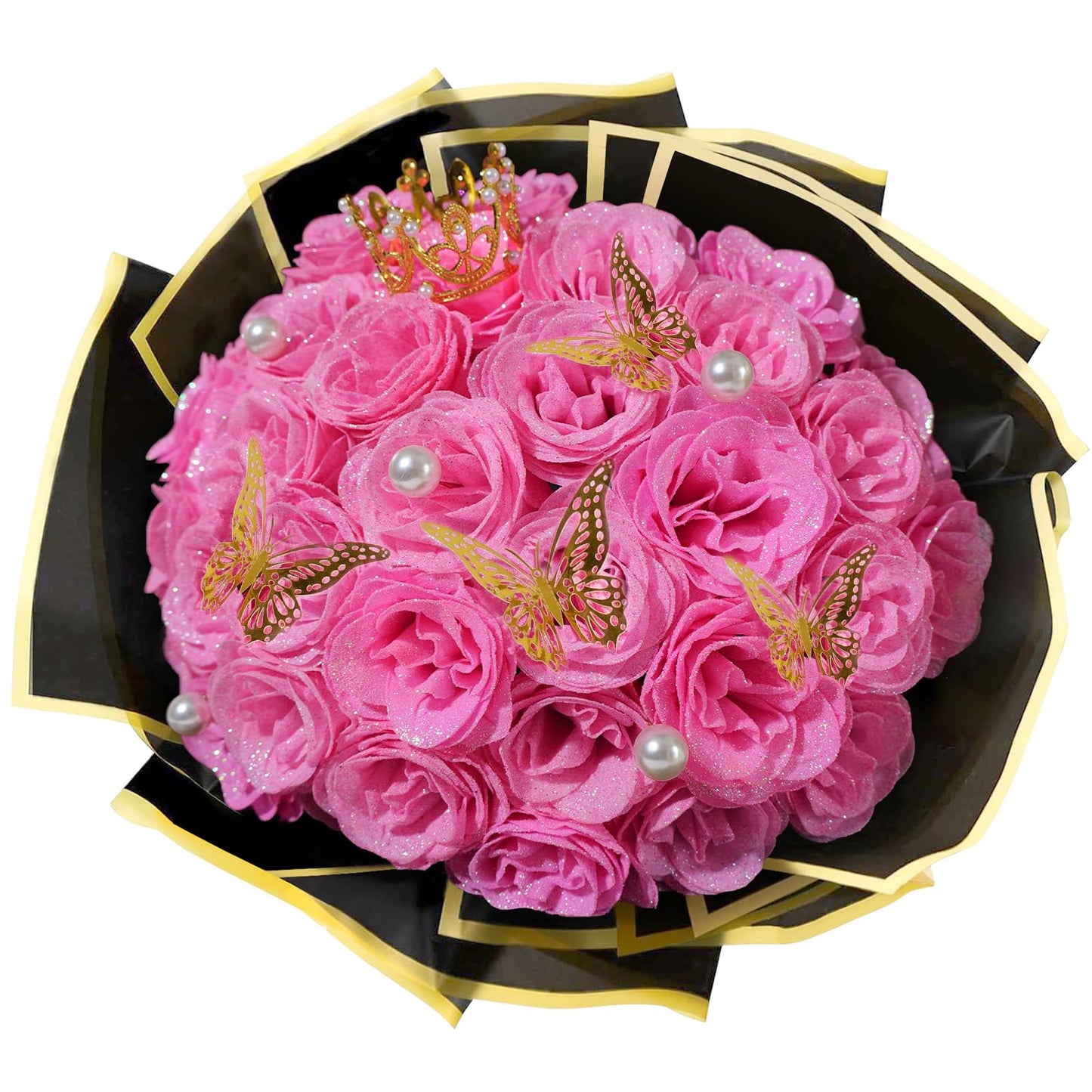 Pink Glitter Roses Bouquet, 24 Pcs Shiny Glitter Flowers Bouquet, Everlasting Artificial Roses Bouquet for Mothers Day, Birthday, Anniversary, Wedding, Engagement, Christmas