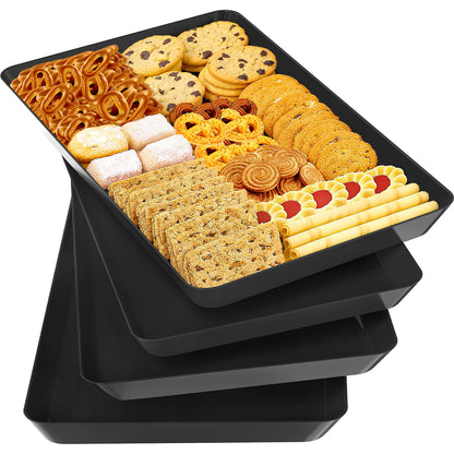 SpaceTrove 4-Pack Serving Tray Set, Reusable Plastic Serving Platter for Party Supplies, Entertaining, Grilling Accessories, Stackable Kitchen Snack Box Container for Dessert, Fruit, Cookie, (Black)