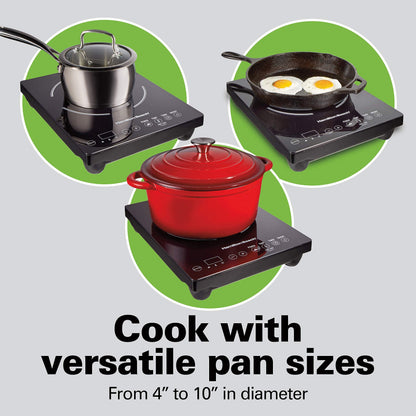 Hamilton Beach Portable Single Induction Cooktop Countertop Burner Hot Plate with Fast Heating Mode, 1800 Watts, 10 Temperature Settings up to 450F, Black (34104)