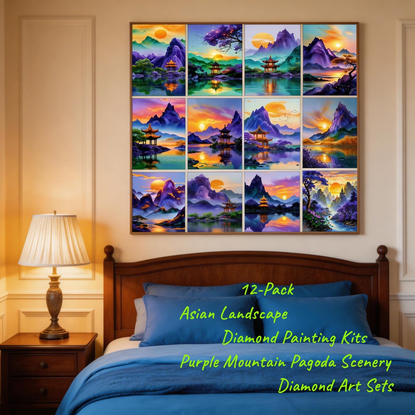 ZSWLLHP 12-Pack Asian Landscape Diamond Painting Kits, Full Round Drill 5D Purple Mountain Pagoda Scenery Diamond Art Sets for Adults, DIY Handmade Gem Paintings for Home Office Wall Art Decor