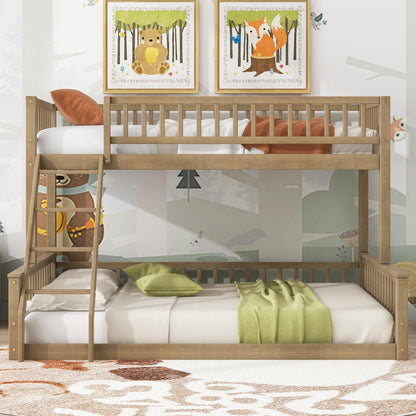 Merax Twin XL Over Queen Floor Bunk Bed with Ladder and Guardrails, Bedroom Wood Bunk Bed Frame for Kids/Teens/Youths/Adults, Space Saving & Noise Free, No Box Spring Needed, Walnut Brown