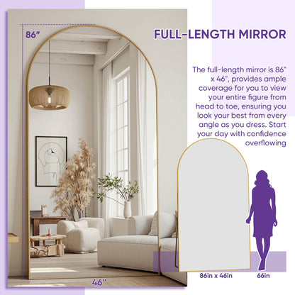 LadyNow Full Length Mirror, 86"x46" Arched Floor Mirror Freestanding, Floor Standing Full Body Mirror with Stand for Bedroom, Hanging Mounted for Living Room Cloakroom, Gold