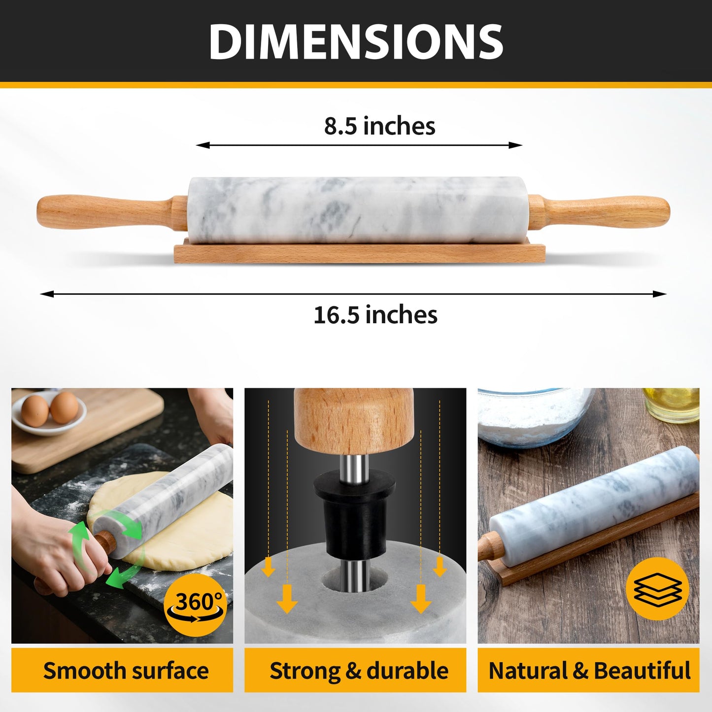 Kafoor 16.7 Inches Marble Rolling Pin for Baking with Wooden Handles & Wooden Cradle - Rolling Pin for making Pizza Dough & Tortillas, Dough Roller for Pasta, Cookie, Pie Crust and More!