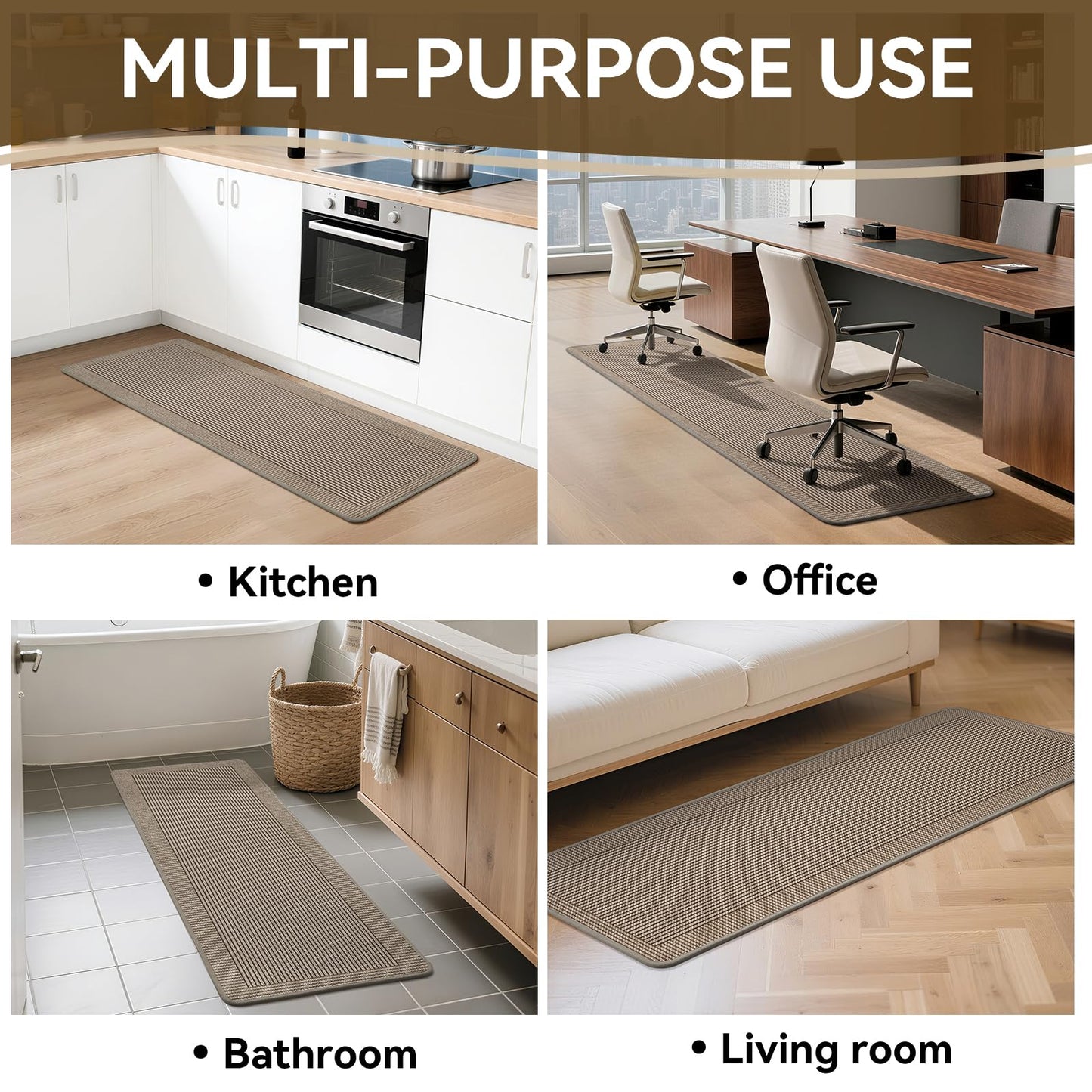 QiCaiJia Kitchen Rugs Set of 2,Kitchen Mats for Floor, Runner Rugs Non Slip Washable Absorbent Kitchen Floor Mat, Braided Kitchen Sink Rug, 17''x30''+17''x47'' Brown