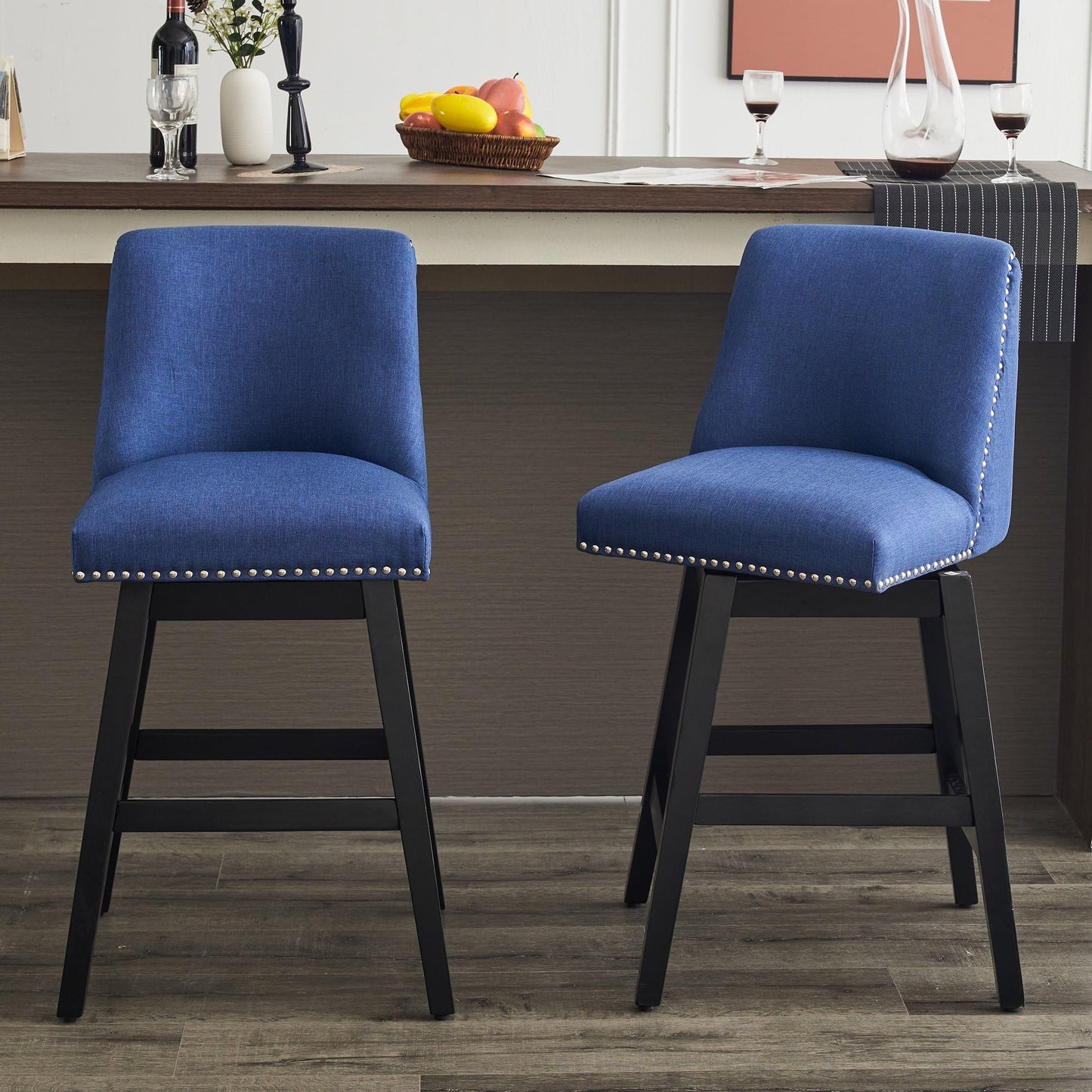 Upholstered Swivel Bar Stools Set of 2, 26" Counter Height Modern Chairs with Ergonomic Design, Wood Frame & Adjustable Foot Pad for Kitchen Island, Home Bar, Dining Room, Dark Blue