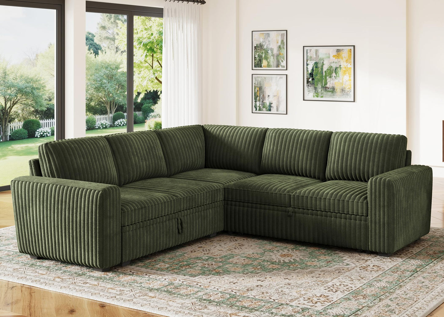 HONBAY Modular Sectional Sleeper Sofa with Pull Out Bed,Corduroy L Shaped Couch with Storage, Sectional Couches for Living Room,Green