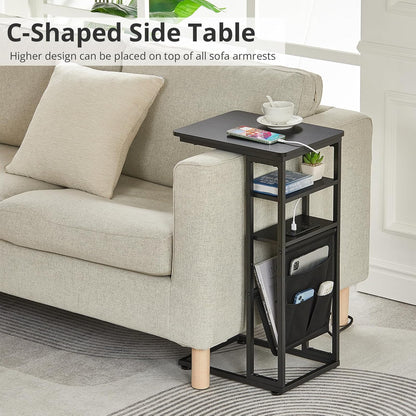 28"(H) 3-Tier C Shaped End Table with Charging Station, C Table with Storage Bag, Under Couch Table C-Shaped End Table