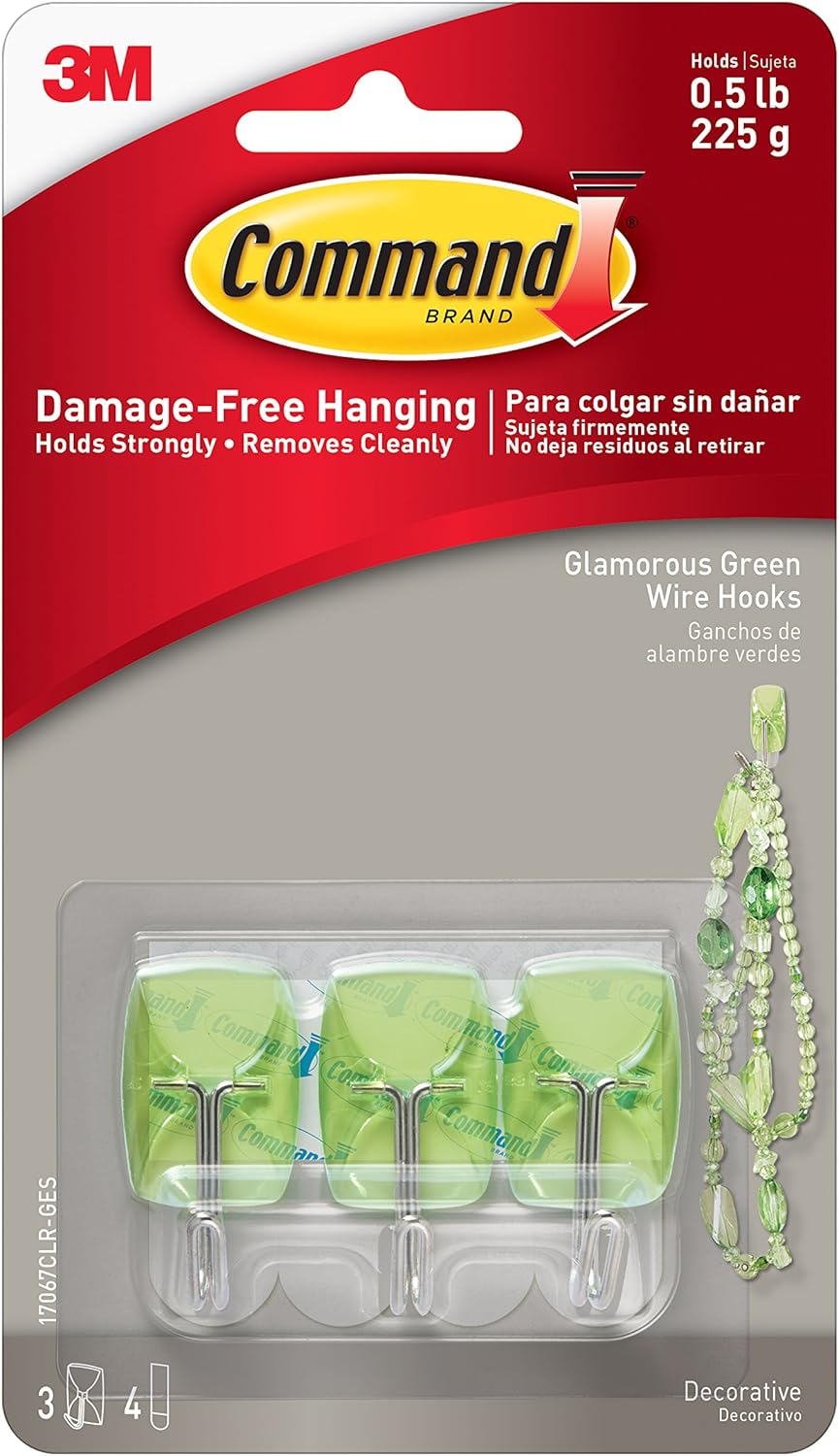 Command Wire Hooks, Small, Glamorous Green - 3-Hooks (17067CLR-GES)