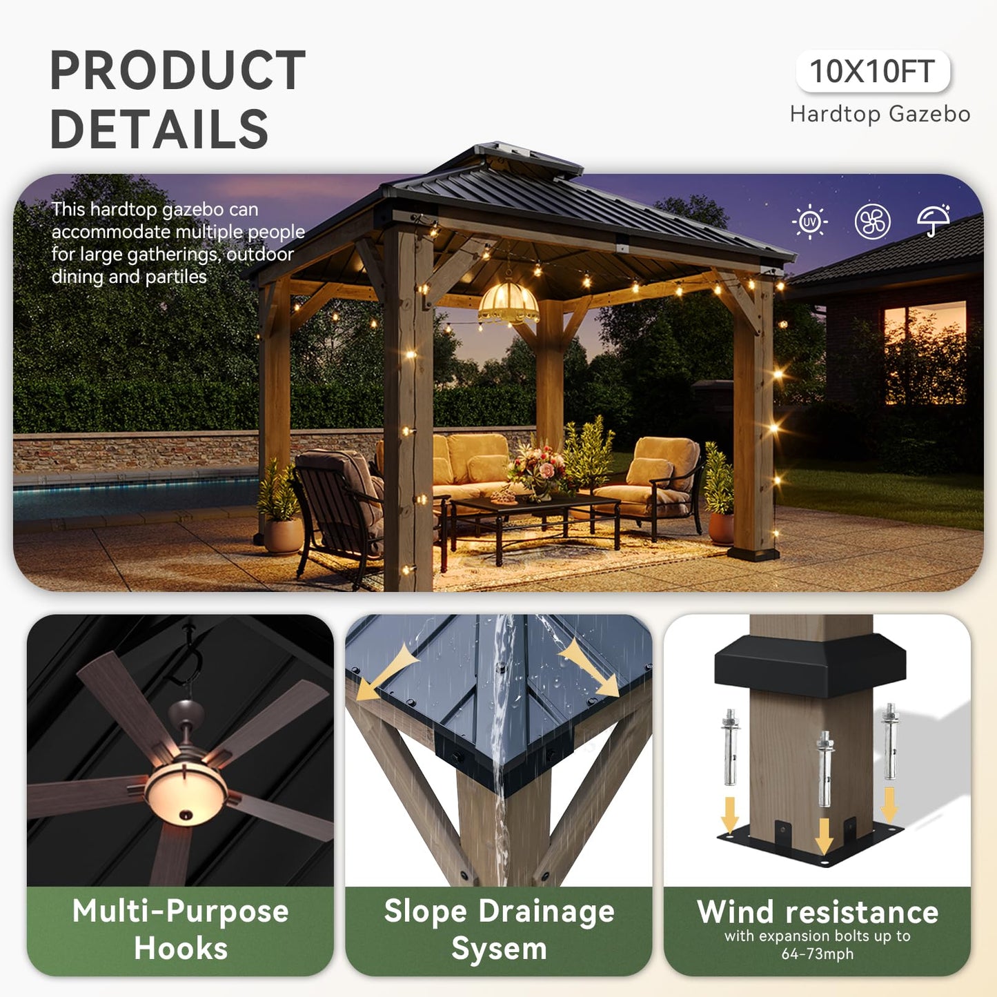 Aoxun 10' x 10' Outdoor Wood Gazebo, Hardtop Gazebo Permanent Wooden Pavilion with Galvanized Steel Double Roof, for Backyard, Garden, Deck, Cedar Wood, Grey
