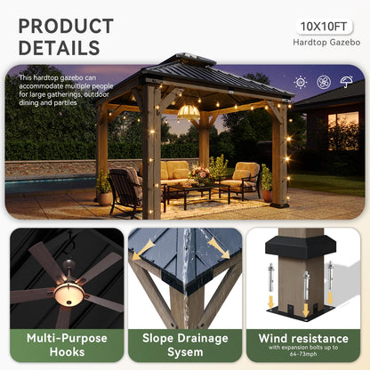 Aoxun 10' x 10' Outdoor Wood Gazebo, Hardtop Gazebo Permanent Wooden Pavilion with Galvanized Steel Double Roof, for Backyard, Garden, Deck, Cedar Wood, Grey