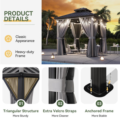 Aoxun 8x8 Hardtop Gazebo, Aluminum Frame Outdoor Gazebo with Double Galvanized Steel Roof, Patio Pavilion with Netting and Curtains, Backyard Gazebo for Patio Deck Garden
