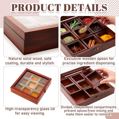AceOrbit Wooden Spice Box with Wooden Spoon, Decorative Masala Dabba Organizer with Glass Lid, Indian Spice Storage Container, Ideal for Seasonings & Herbs (Square,9 x 9 Inch)