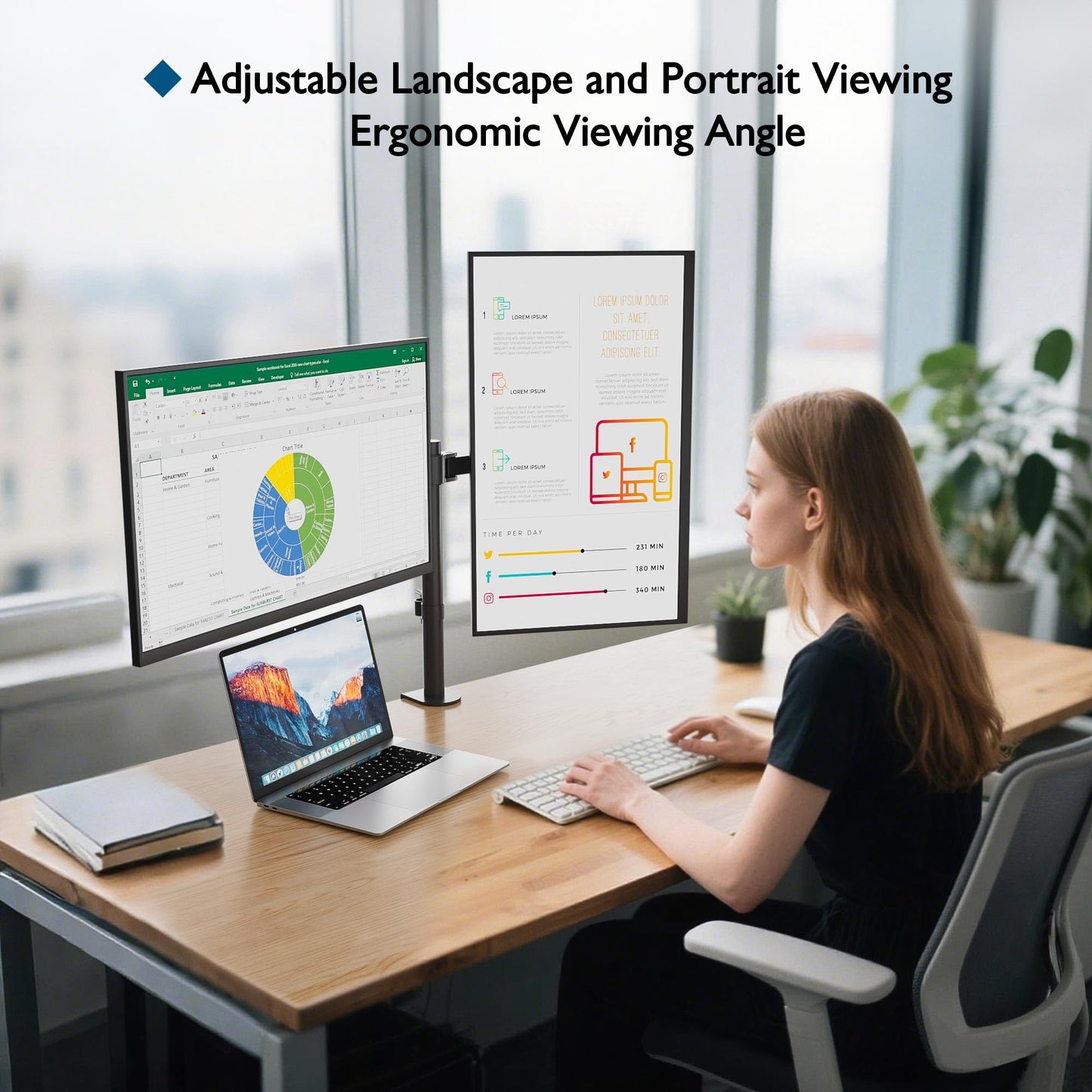 BONTEC Dual Monitor Desk Mount, Full Motion Adjustable Monitor Stand for 13–27 Inch Screens, Heavy Duty Arms Hold Up to 22 lbs Each, VESA 75x75/100x100 mm, C Clamp and Grommet Base, Cable Management