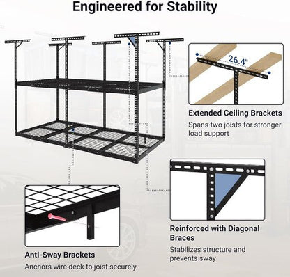 FLEXIMOUNTS 4x8 Overhead Garage Storage Rack - Adjustable Heavy-Duty Metal | 1000 lbs Capacity, Black
