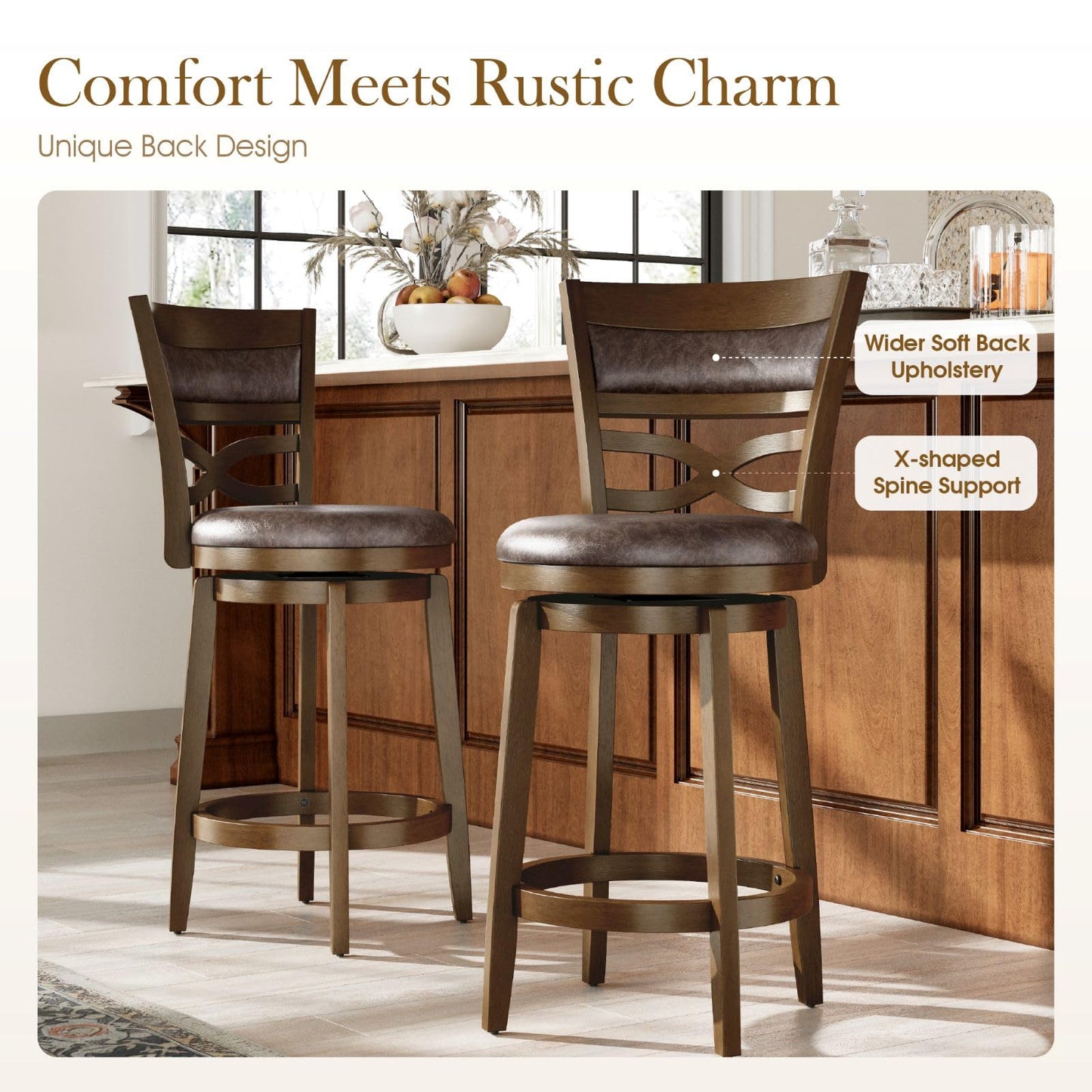 Sophia & William Swivel Bar Stools Set of 2, 26 Inch Counter Height Barstools with Backrest & Solid Wood Legs, Faux Leather Bar Stools for Kitchen Island