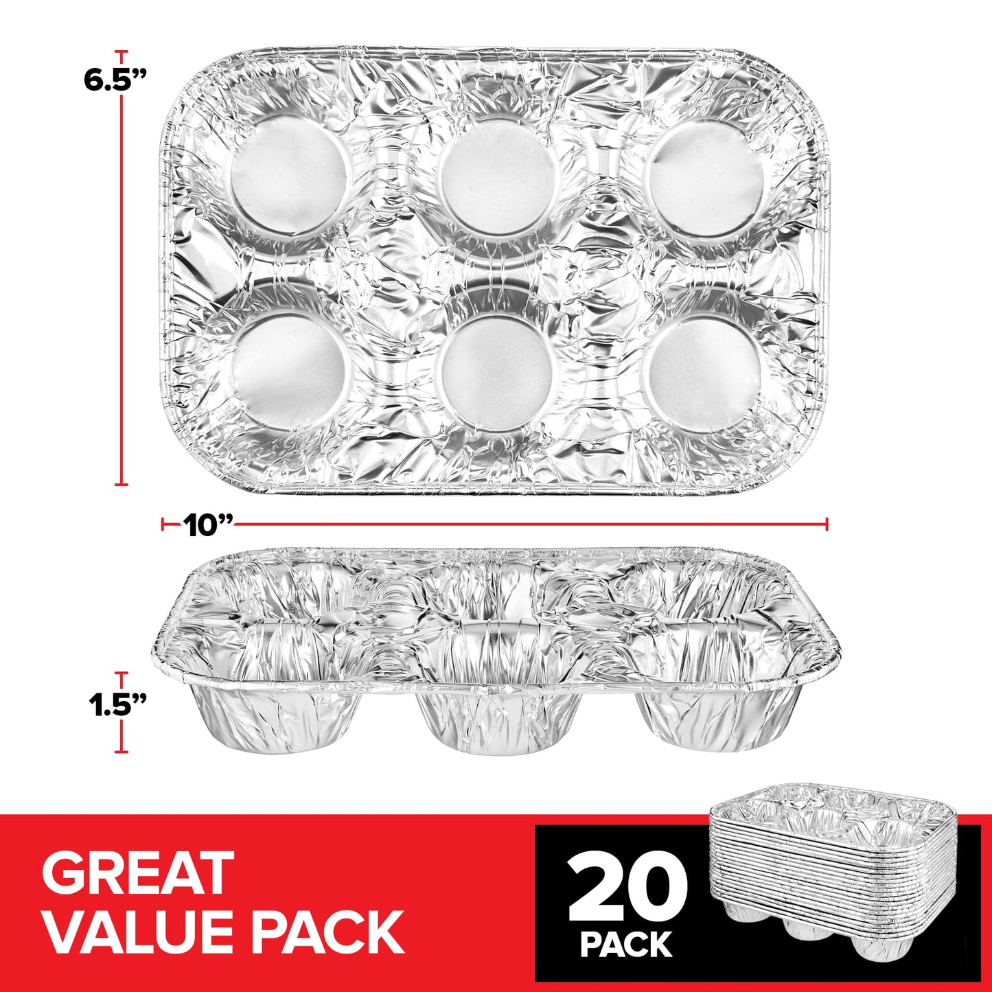 Stock Your Home (20-Count Disposable Muffin Tins 6-Cup, Standard Size Foil Muffin Pans, Aluminum Cupcake Tin for Baking, To-Go Trays for Bake Sales, Parties, Holidays
