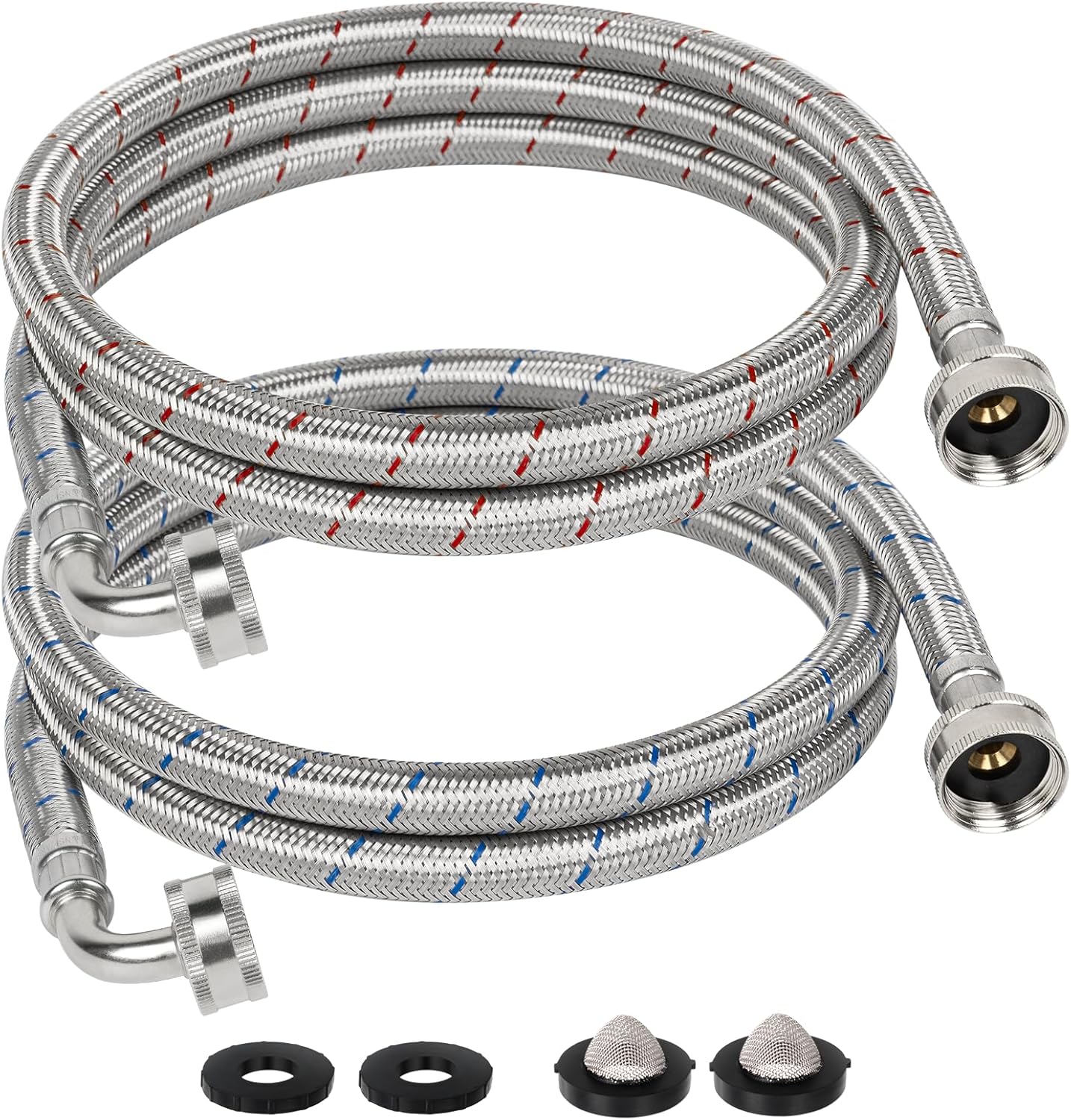 JUWO 6 FT Washing Machine Hoses with 90 Degree Elbow, 3/4" FHT Stainless Steel Washer Hoses for Water Supply, Red & Blue
