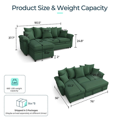 LINSY HOME 90.5'' Sectional Sleeper Sofa with Pull Out Couch Bed Modular (Green, 90.5'')