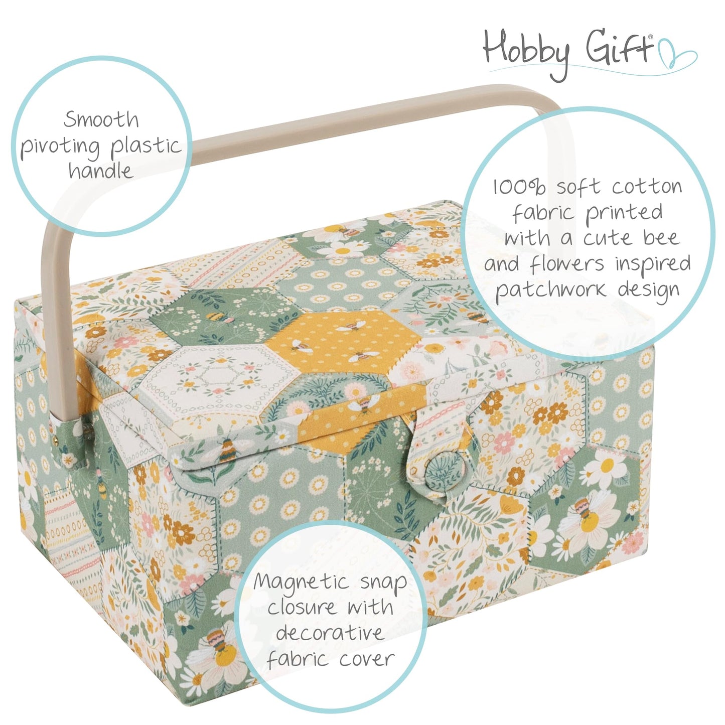 Hobby Gift Medium Sewing Box Organiser, Fabric Covered Storage Box with Handle, Internal Tray, Pin Cushion and Pocket for Sewing, Quilting and Knitting Supplies