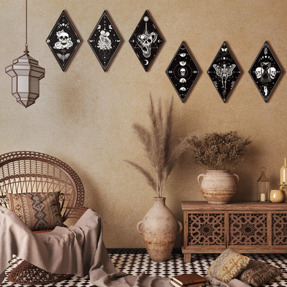 Huwena 6 Pack Gothic Wall Decor for Bedroom Living Room Dark Boho Skull Moon Snake Sun Phase Wooden Hanging Art