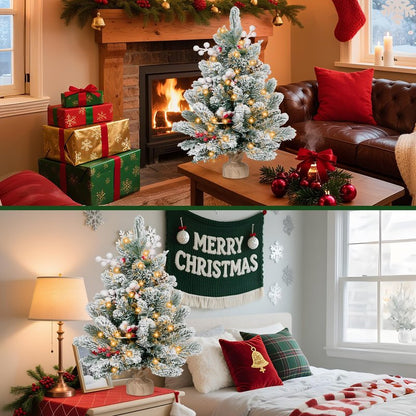 RIDGEPOLE 2FT Pre-lit Mini Christmas Snow Flocked Tree,Tabletop Artificial Christmas Tree with LED Lights, Small Xmas Pine Tree with Cloth Bag Base for Christmas Decor,12 PCS Berry & 8 Pinecones
