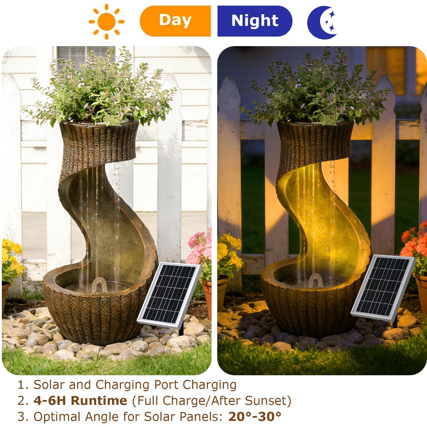 26.77" Tall Solar Water Fountain Outdoor Waterfall Feature, Modern Solar Powered Water Fountain with LED Lights & Planter Bowl for Garden, Patio, Yard, Porch, Deck, Backyard Decor