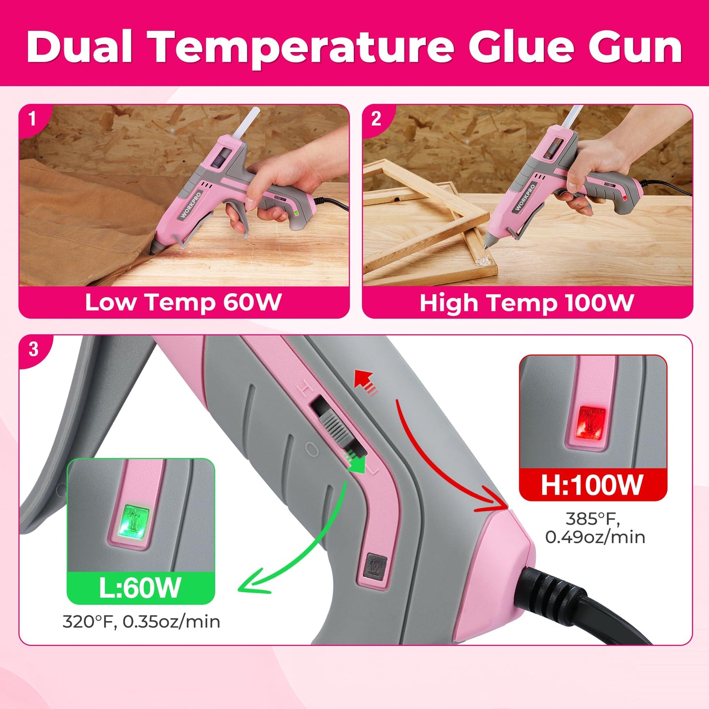 WORKPRO Hot Glue Gun Full Size - 60/100W Dual Temp Glue Gun and Sticks Set with 10 PCS Glue Sticks (7/16") - 90S Fast Preheating Hot Glue Gun for Construction, Crafting, DIY and Repairs - Pink Ribbon