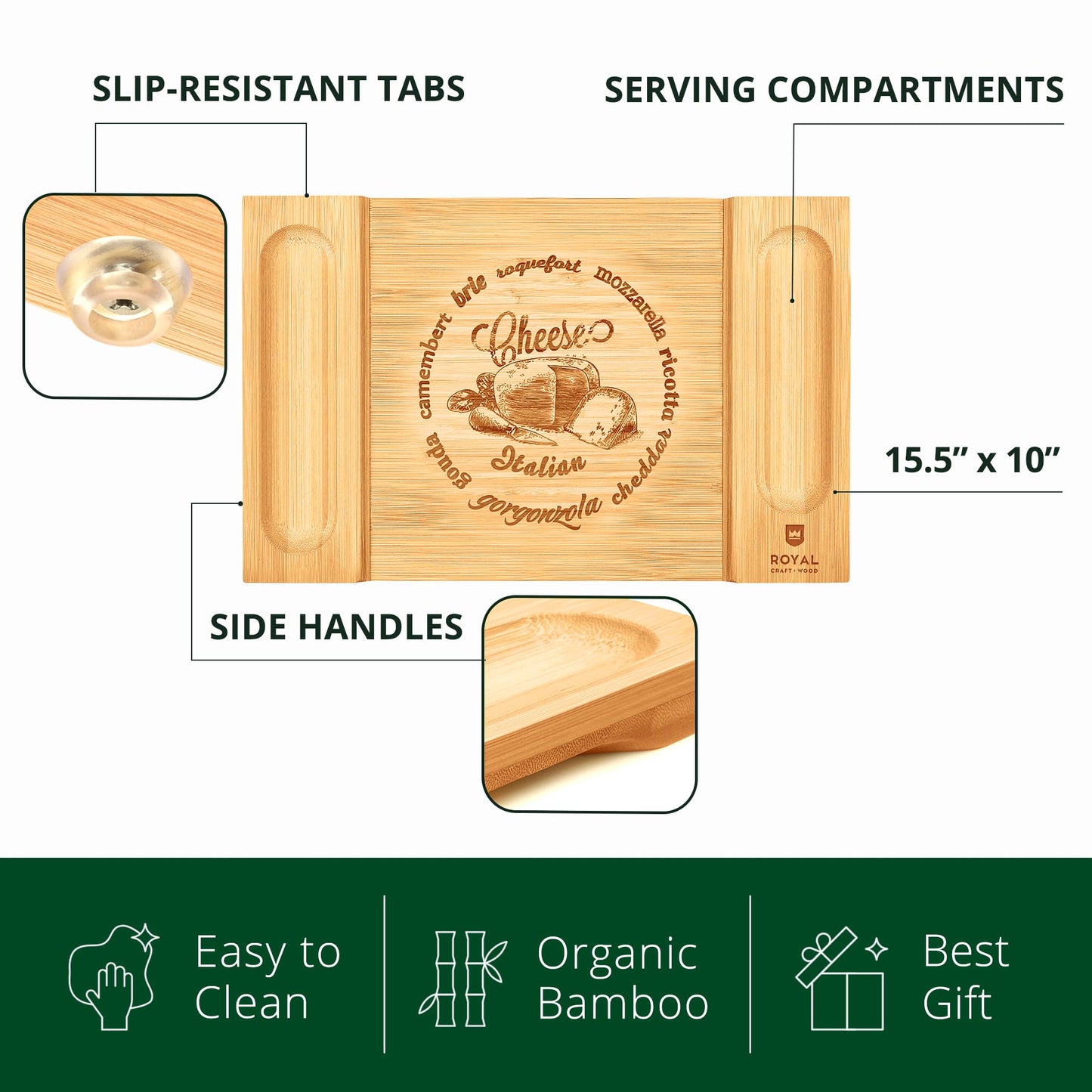 ROYAL CRAFT WOOD Charcuterie and Cheese Board - Large Bamboo Cheese Board - Serving Tray Platter - House Warming Gifts New Home, Birthday Gifts for Mom Dad Women Men - 15.5"x10"