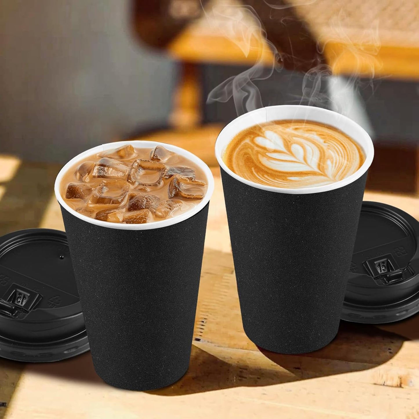 Clawsoff 100 Pack 16 oz Coffee Cups with Lids, Disposable To Go Paper Coffee Cups with Sleeves and Stirring Sticks for Hot/Cold Drinks Office Home Shop Event (Black)