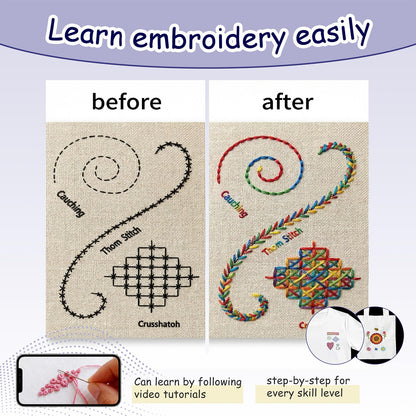 majusaccessory Embroidery Stitch Book Kit for Beginners,106 Patterns & 27 Full Tool Set with Video Instructions, Portable All in One Kit for Stress Relief & Relaxation, Perfect for Leisure Time, Gift